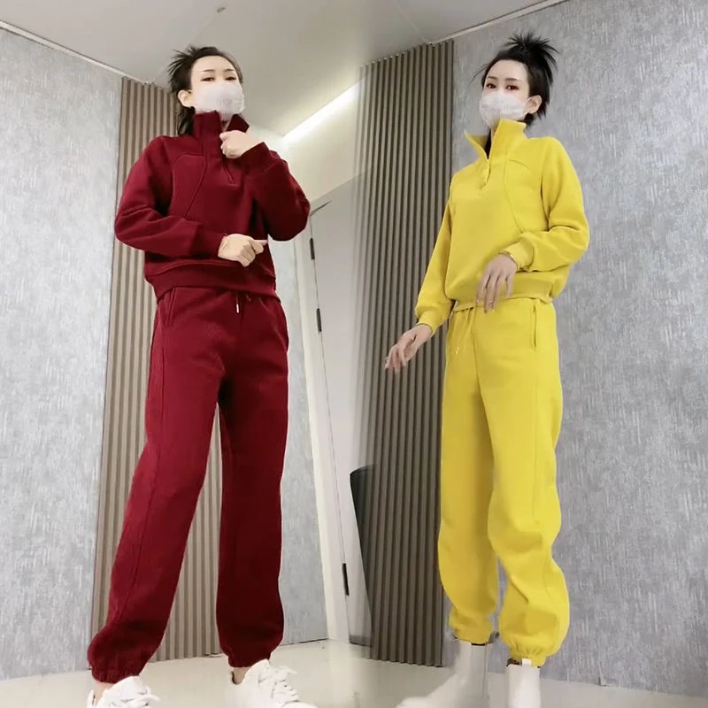 长袖加绒两件套半拉链卫衣2025冬运动新款休闲时尚束脚裤百搭套装