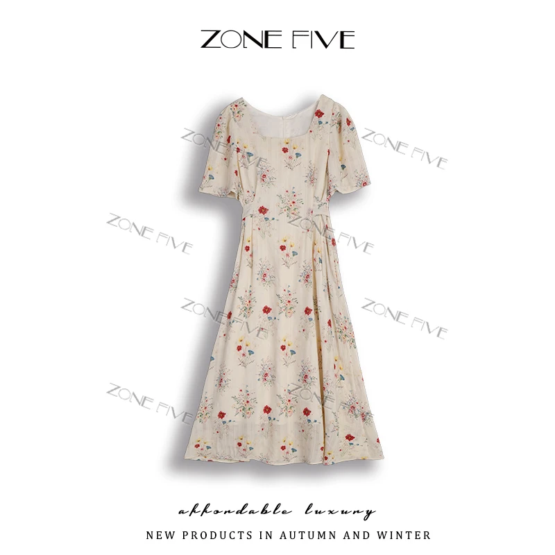 【zonefive】连衣裙女2025夏季新款法式气质方领碎花显瘦中长款裙子