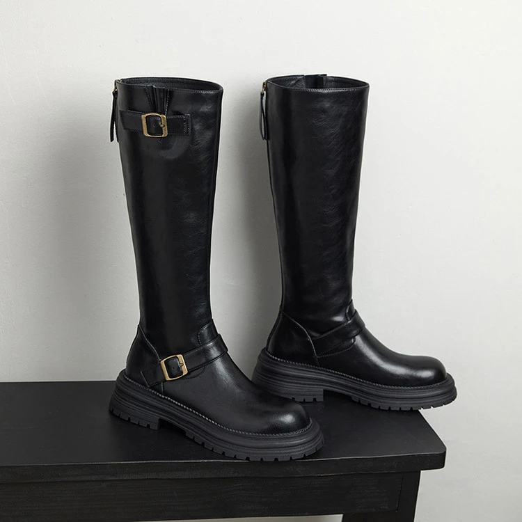 真皮过膝长靴显瘦时尚百搭黑色厚底秋冬长筒高筒小个子加绒英伦风