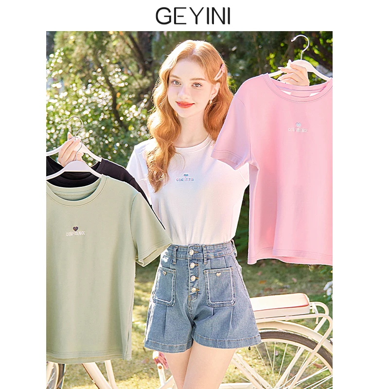 2025春夏季新款女甜美短款正肩休闲刺绣白色打底衫短袖T恤衫上衣