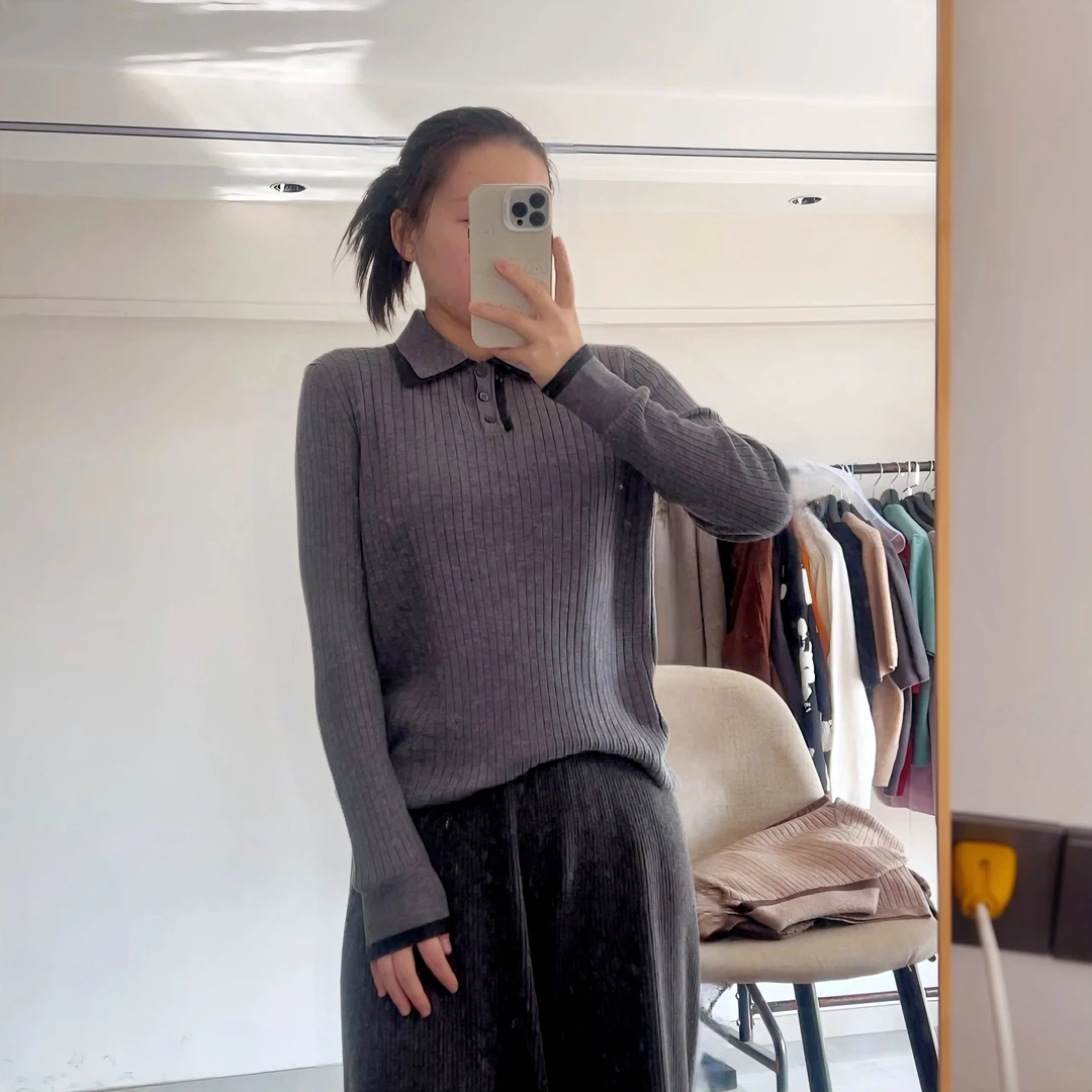 ZS—95010新款精纺羊毛打底衫抽条双翻领高质高密精工细作贴身舒适