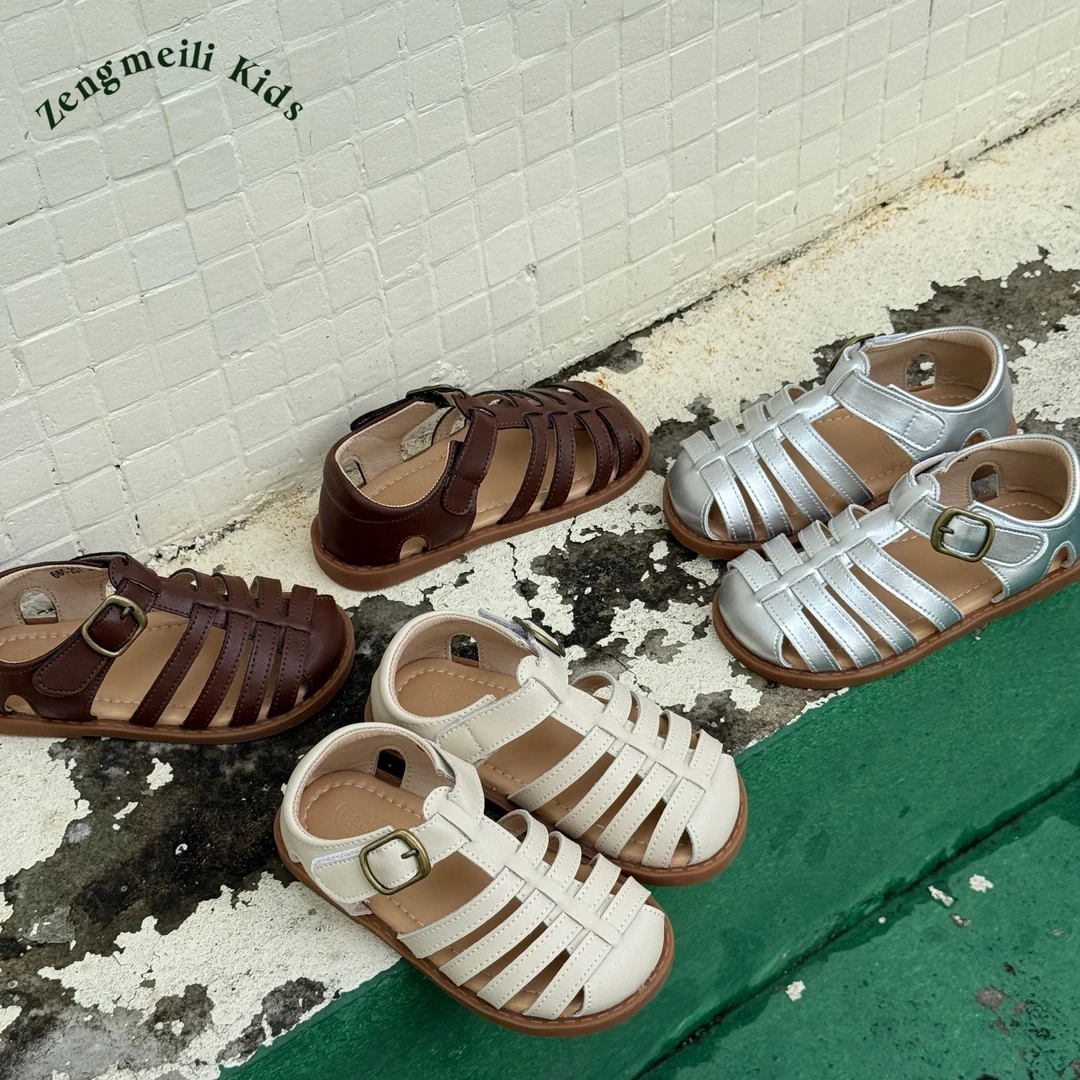 ZML 女童凉鞋真皮软底鱼骨夏季透气罗马包头凉鞋镂空宝宝百搭学生