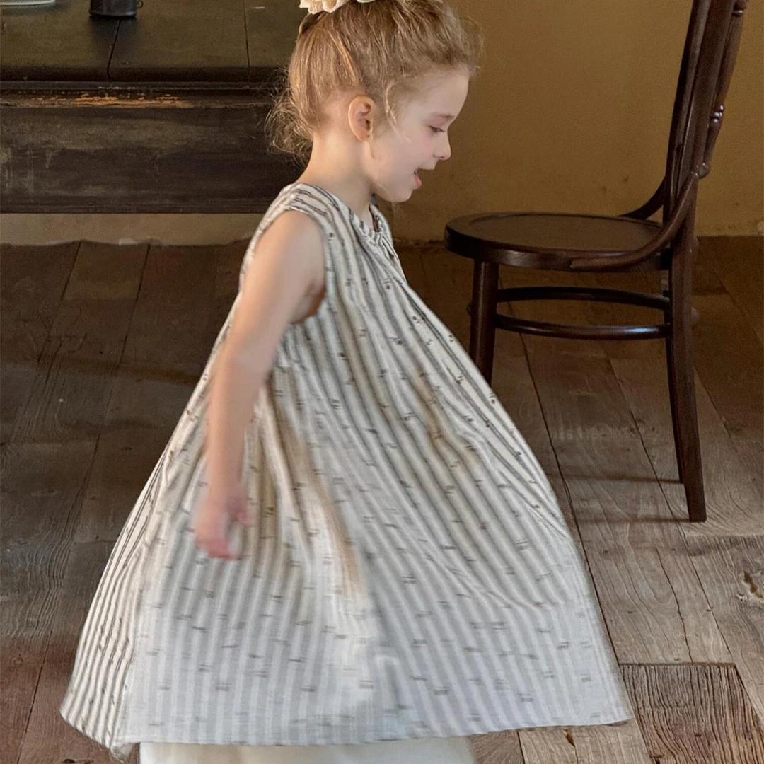 尖子蛋韩系童装2025夏季新款女童裙子条纹碎花无袖背心连衣裙圆领