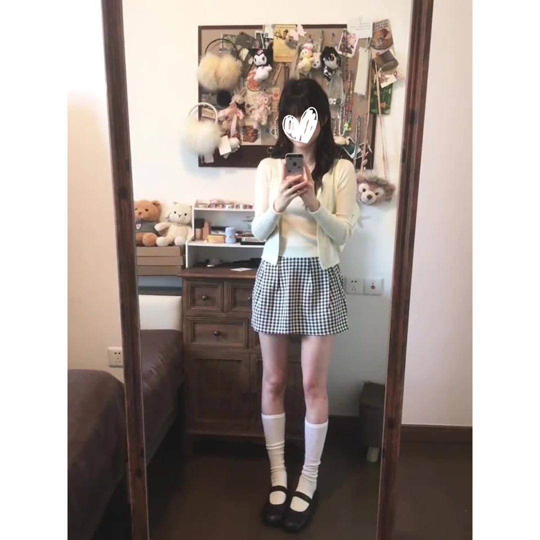 温柔甜美风长袖针织吊带开衫两件套女新款百搭显瘦格子a字半身裙