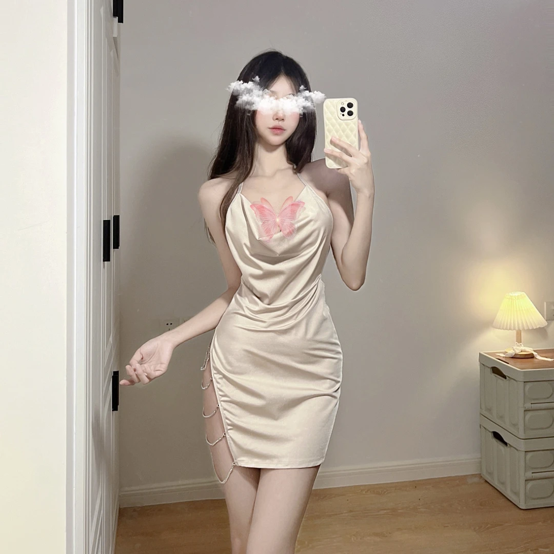 （做你的喵no退no换）性感侧开亮钻深V包臀裙睡裙