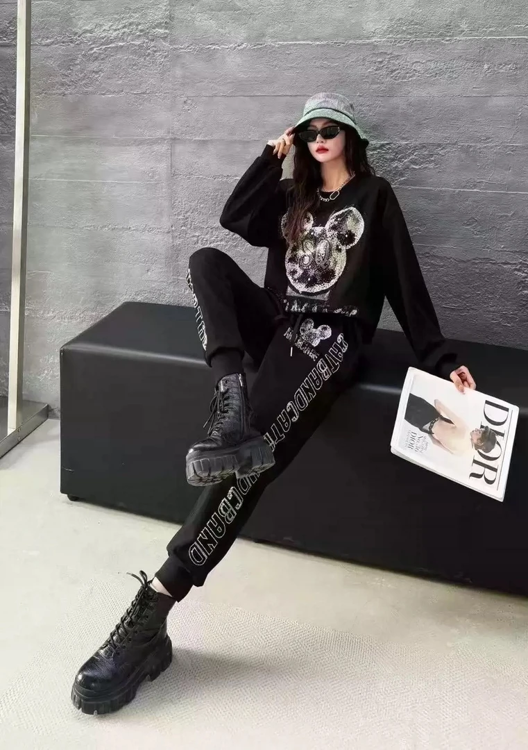 2025春季新款宽松显瘦时尚烫钻米奇头卫衣卫裤两件套休闲运动套装