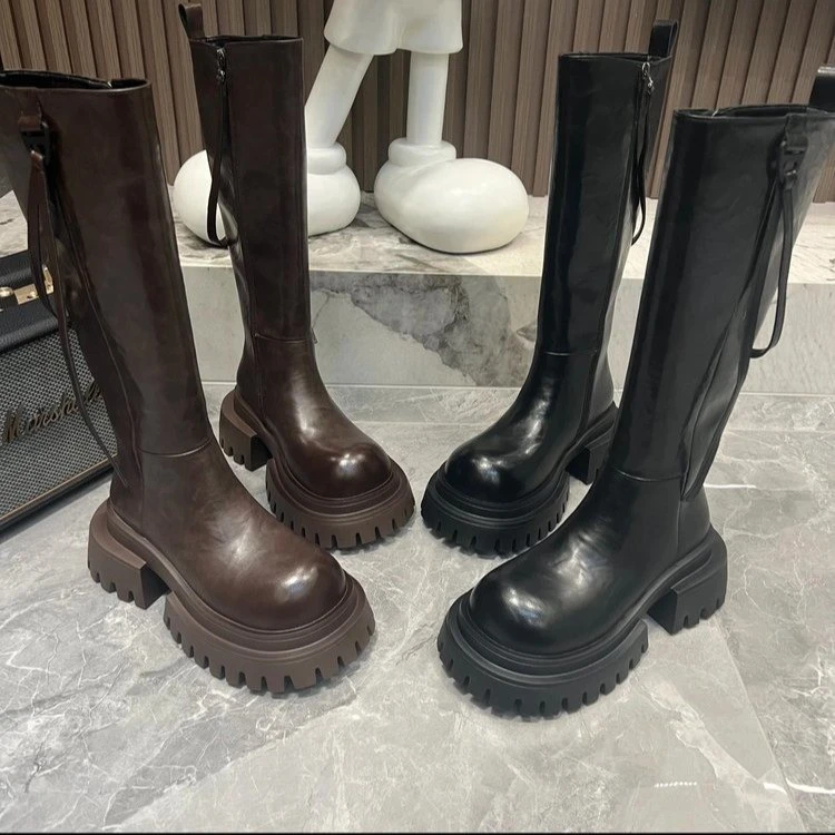 时尚厚底骑士长靴秋冬长筒百搭马丁靴小个子加绒英伦风中筒不过膝