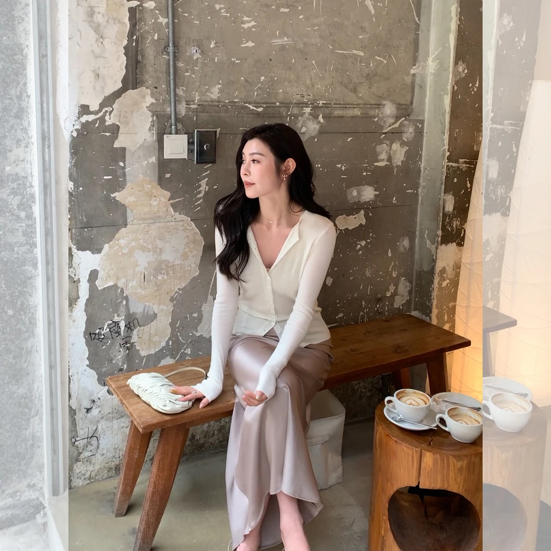 LAZY ZOE静奢风微透扬子纱长袖针织上衣醋酸鱼尾半裙组