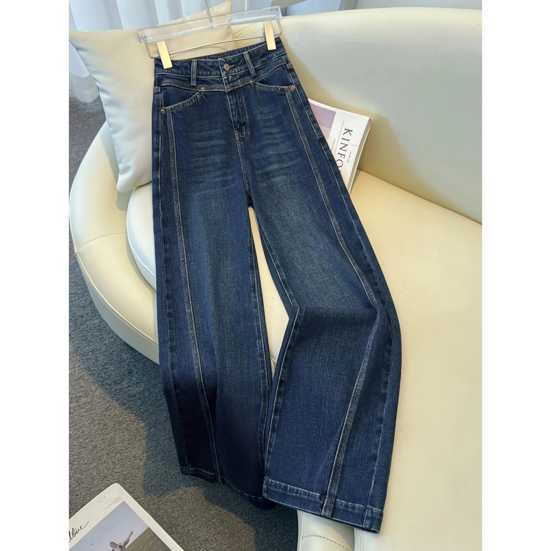 拉夏贝尔潮流窄版阔腿牛仔裤女春秋季2025新款高腰宽松垂感直筒裤