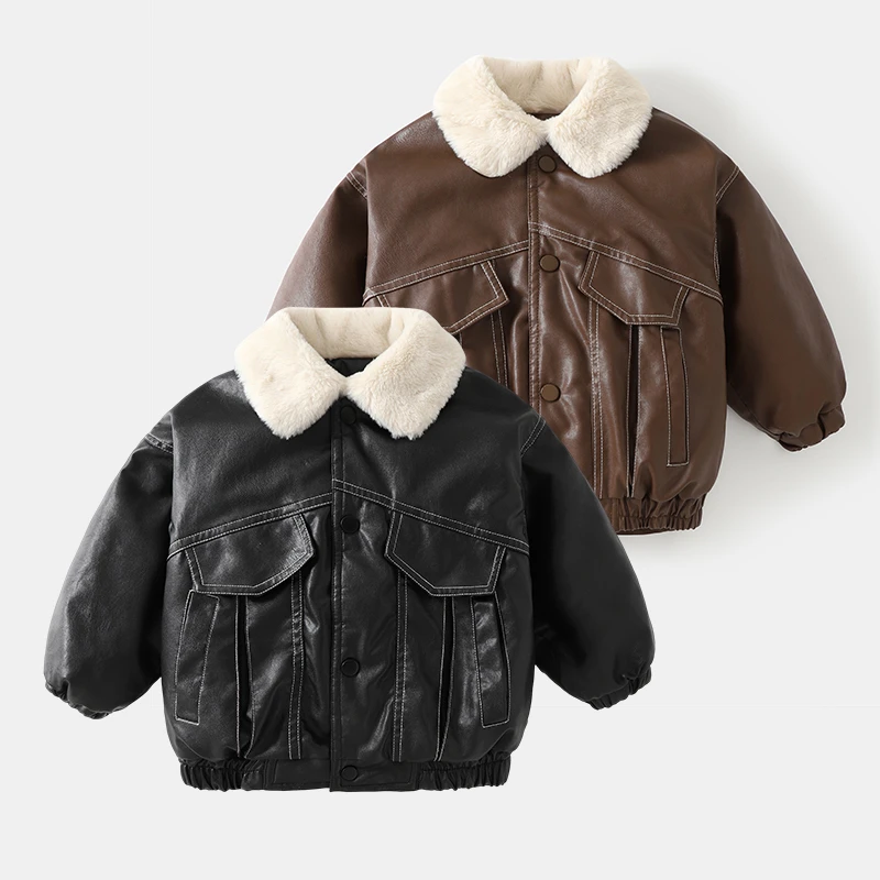 2025秋冬季新款婴幼儿皮衣加绒加厚童装时尚洋气保暖长袖上衣潮流