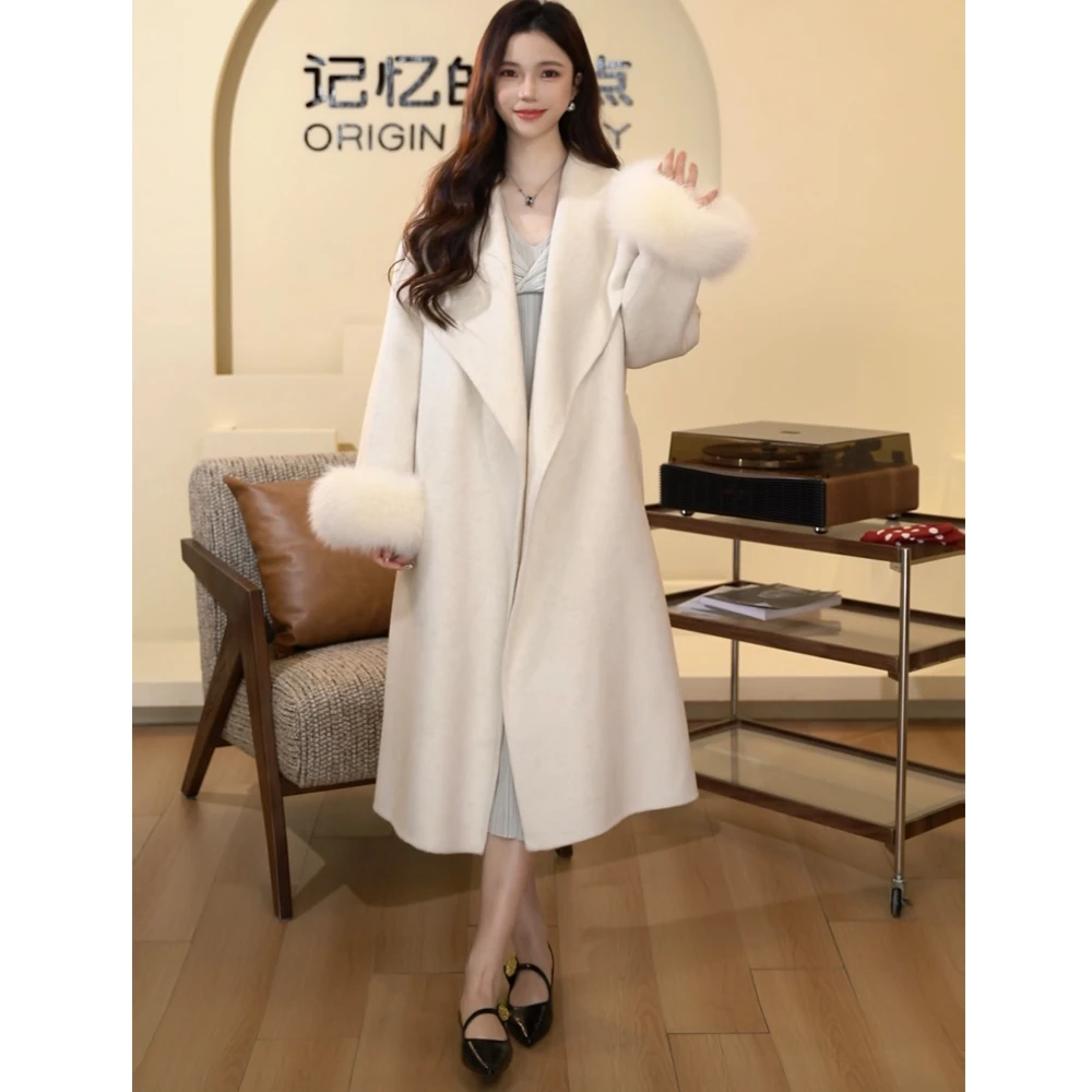 记忆的起点毛毛袖中长款双面呢大衣外套女68GD72878W