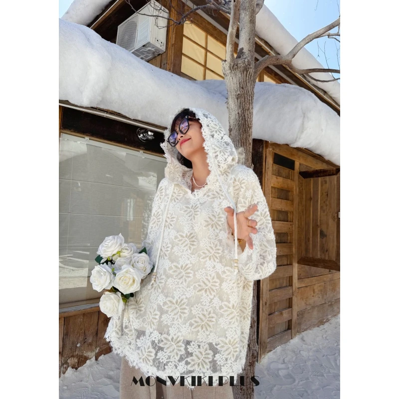 MoNvKiKiPlus2「烟火」大码微胖金纱线重工蕾丝连帽上衣#1968