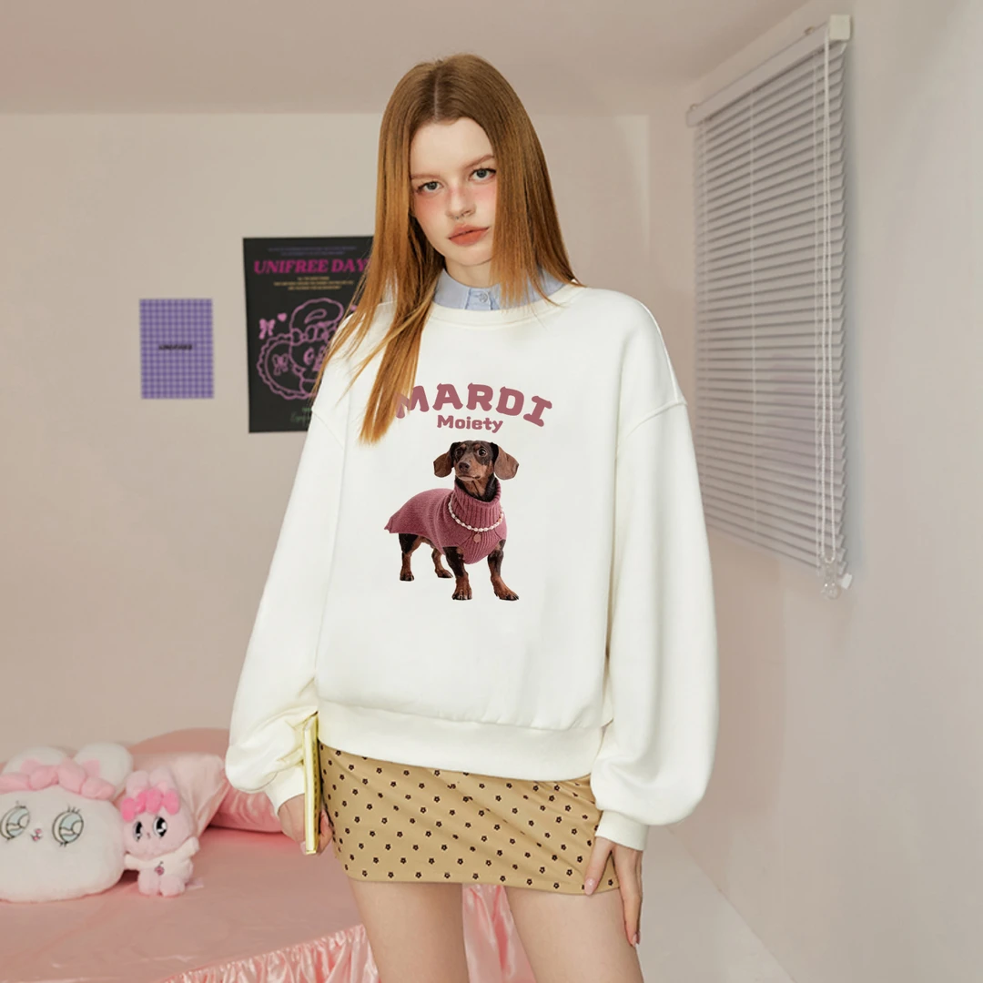 Mardi Moiety腊肠狗高级感白色圆领卫衣女秋季韩版宽松显瘦上衣