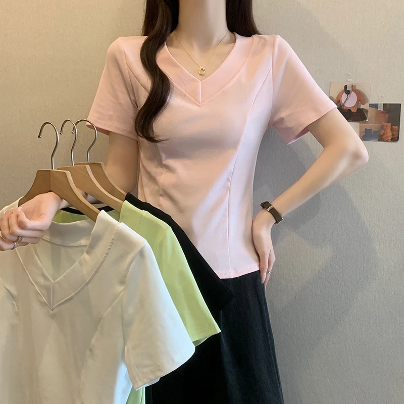 胖mm大码正肩显瘦V领短袖t恤女上衣夏季韩版时尚百搭T恤