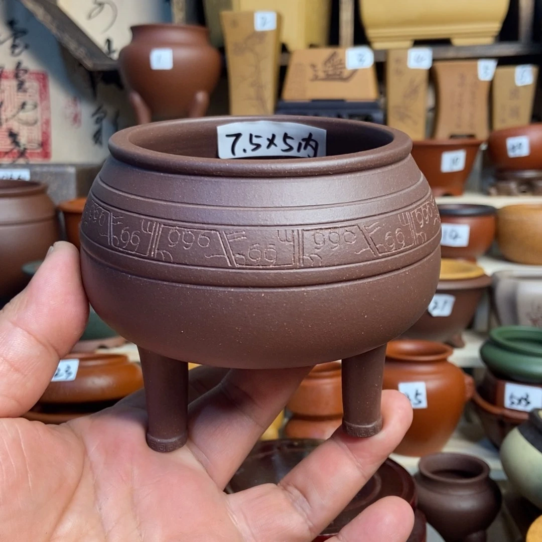 紫砂花盆孙伟手工制作带刻绘，仿文革时期，内口经尺寸7.5×5