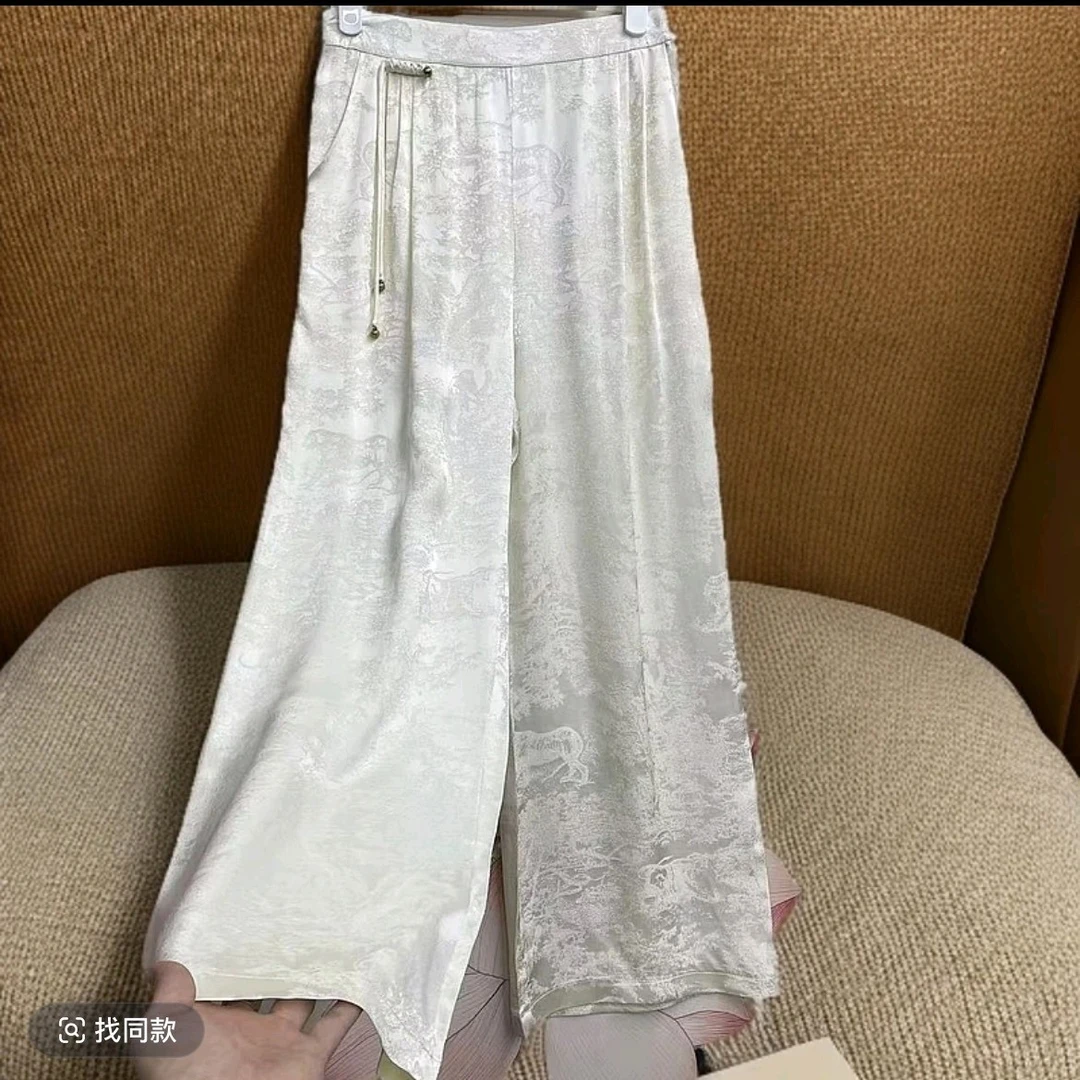 春夏秋季高端米直筒裤国风宽松提花设计休闲百搭