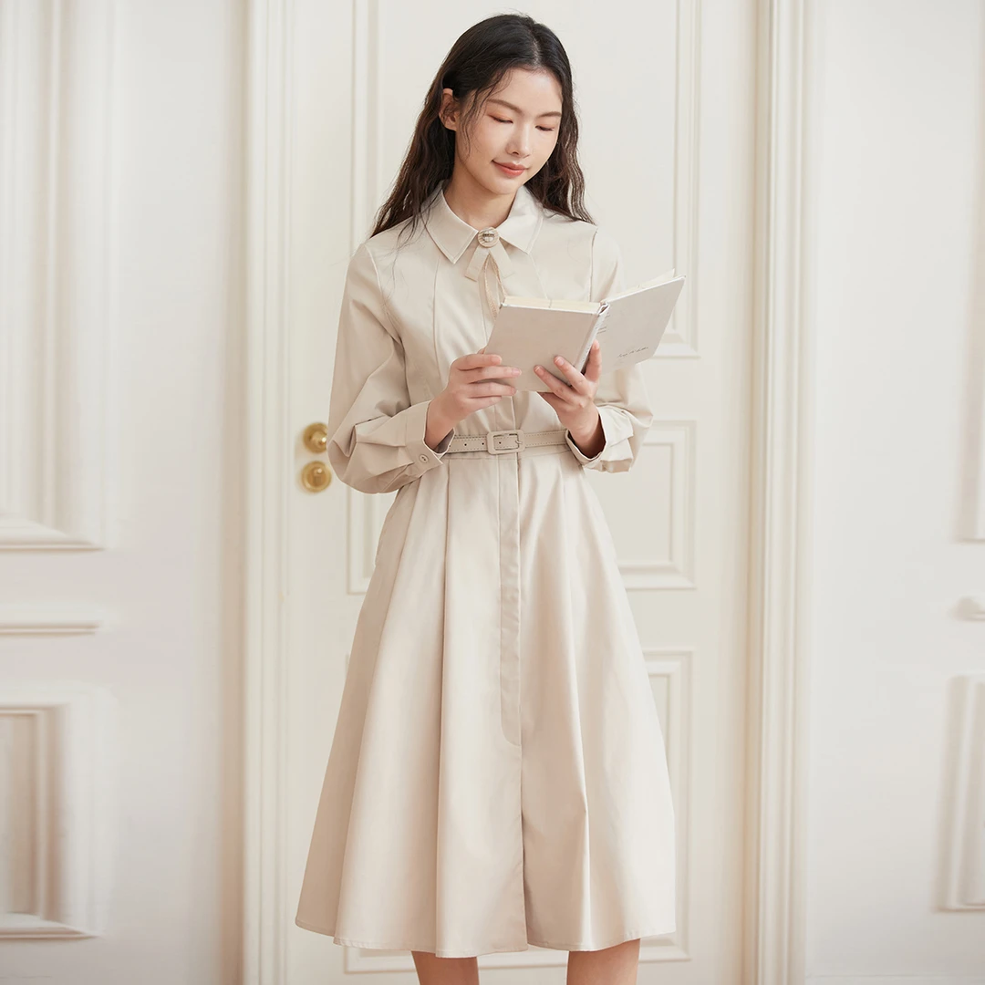 famecoco法式优雅衬衫裙秋冬收腰简约气质连衣裙中长款DAB6FA007