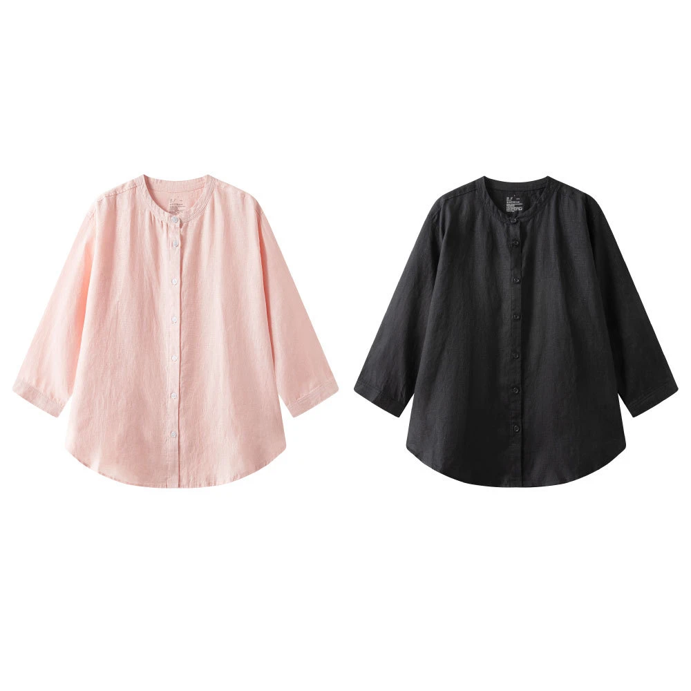 女式汉麻水洗七分袖罩衫女士宽松衬衫衬衣良品女装夏季上衣