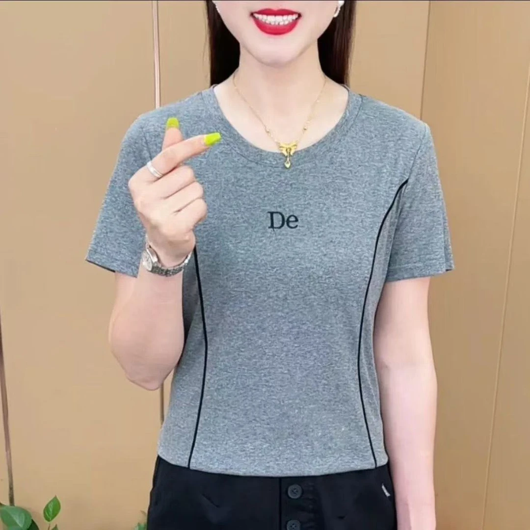 宽松圆领T恤短袖休闲百搭简约减龄女士洋气妈妈小衫