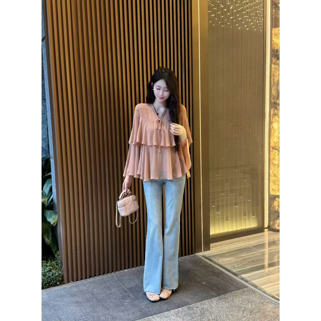 YUANLIANSU/圆脸酥【樱花碎语】宽松时尚设计感衬衫+牛仔裤两件套女