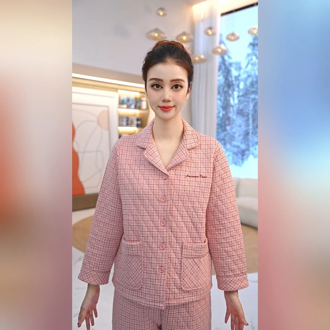 菱形格夹丝布印花国民领长袖长裤女套