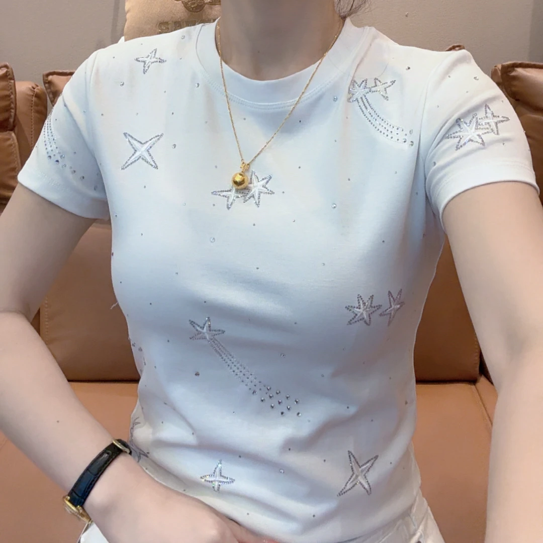 小敏家，夏季新款简约烫钻圆领修身短袖T恤女百搭时尚