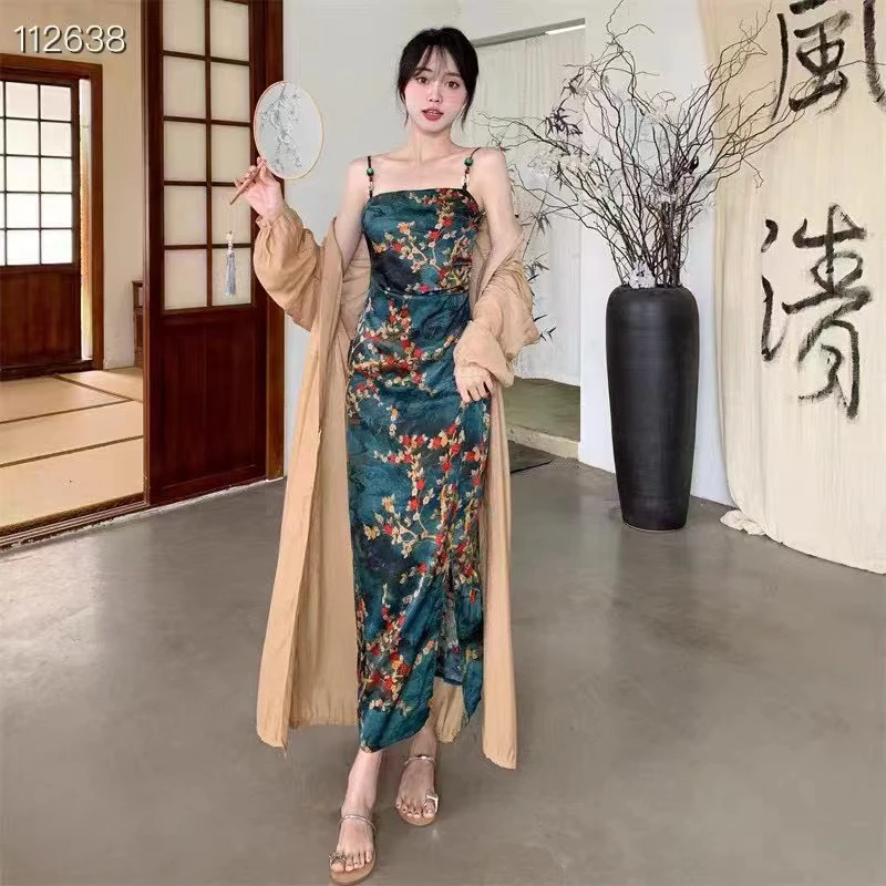 381 [春江花月夜] 新中式旗袍缎面碎花吊带性感包臀长裙子开衫