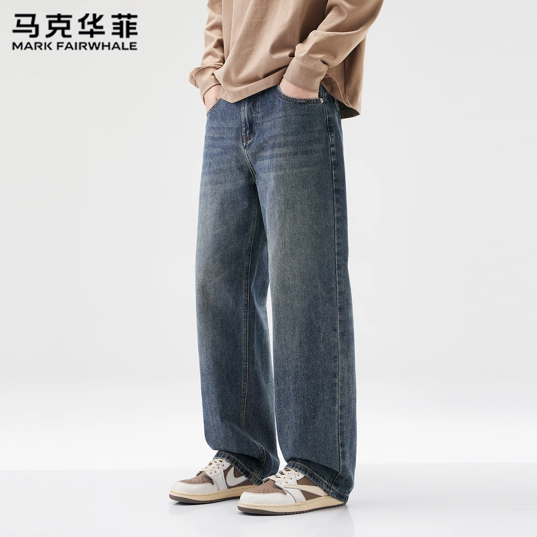 马克华菲重工洗水蓝色牛仔裤男士四季潮牌新款美式宽松直筒休闲裤