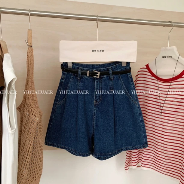 2846韩版新款A字宽松夏款百搭休闲复古深色系显瘦藏肉牛仔短裤
