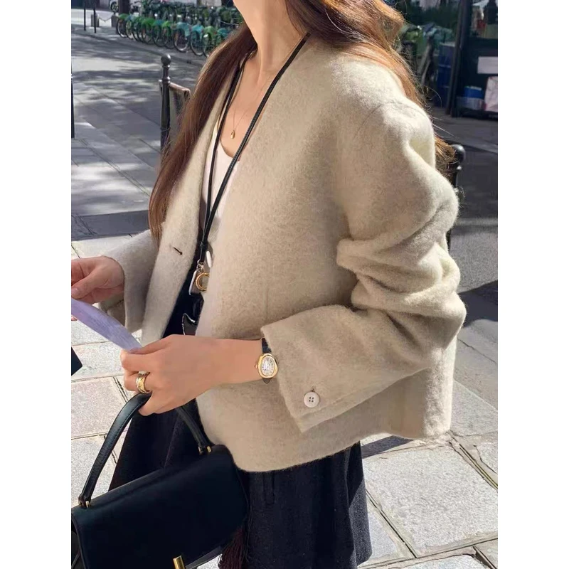 慕予【珍妮的旅途】ounc*简约V领短款毛呢外套女韩系羊绒大衣