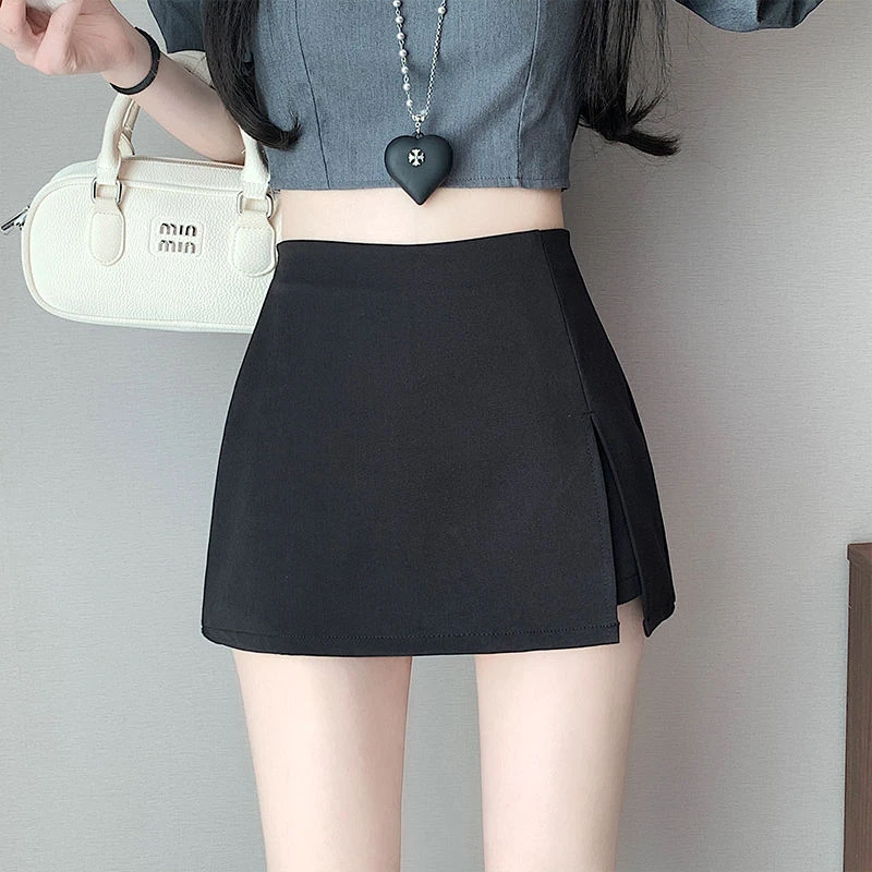 辣妹一步裙短裙2025黑色防走光高腰显瘦开叉A字半身裙包臀裤裙ins