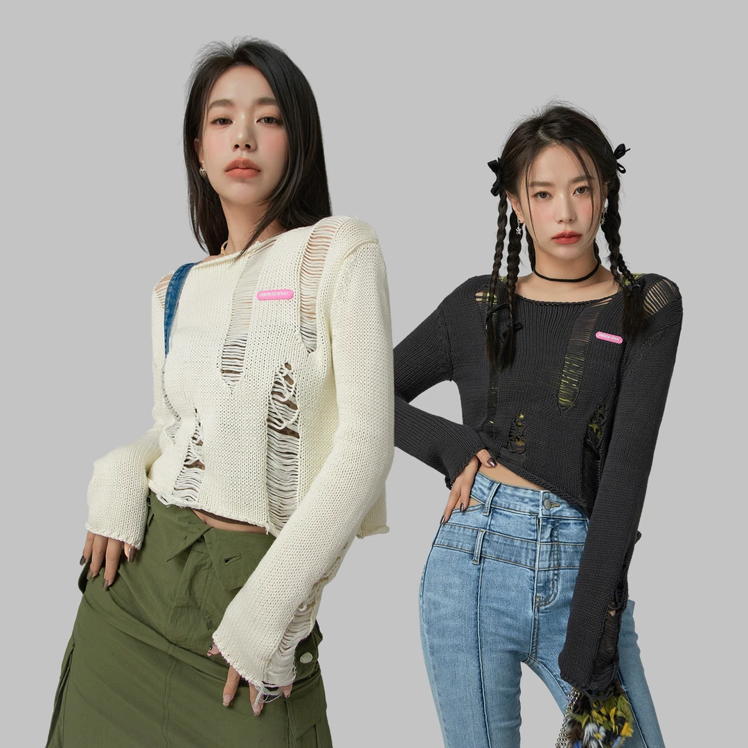 C005【金拐子专属】CHUU破洞甜辣纯色长袖镂空设计短款针织衫-F
