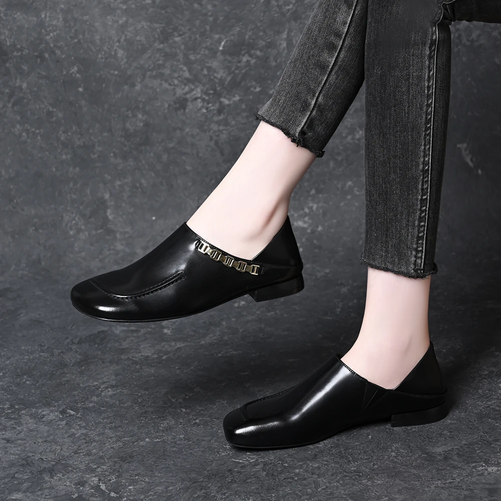 舒适软底深口单鞋2025春秋时尚方头金属链条懒人一脚蹬低跟小皮鞋