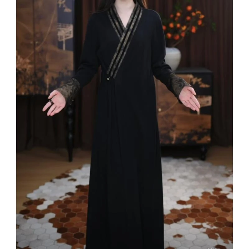 【沐纯】新中式长款时尚气质黑色休闲透气拼接宽松复古长款连衣裙