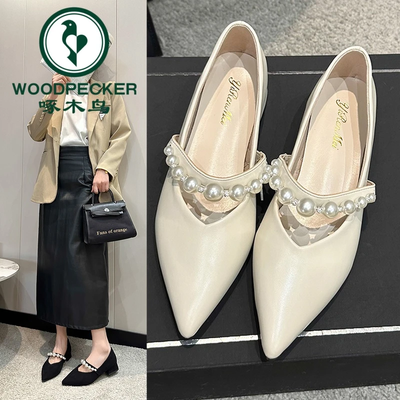 啄木鸟一字扣尖头粗跟小皮鞋女法式晚风珍珠百搭玛丽珍单鞋仙女风