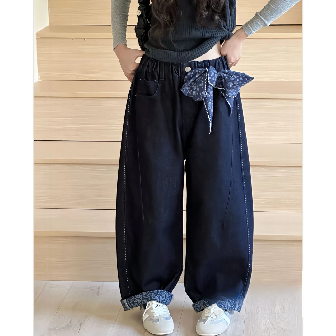 碎花女童牛仔裤秋装儿童裤子2025新款秋款中大童阔腿裤