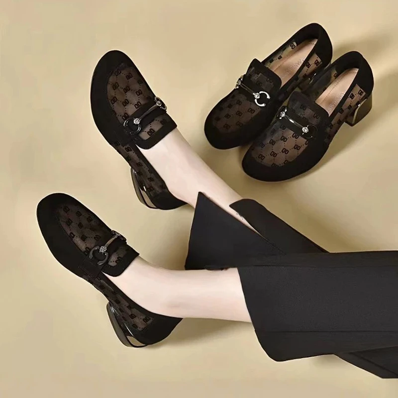 真软皮网纱乐福鞋女2025春夏季新款圆头软底单鞋粗跟镂空透气凉鞋