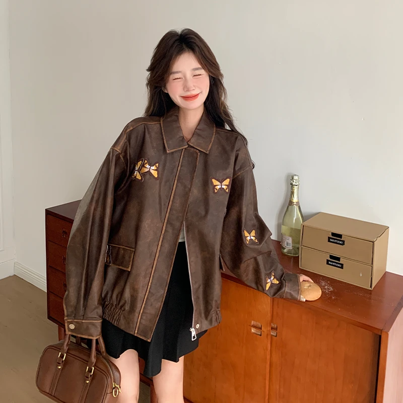 咖色复古气质蝴蝶刺绣PU皮外套女2025春季新款设计感小众翻领夹克