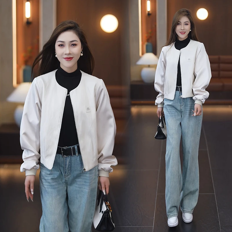 米白皮衣外套女2025年新款高级感短款夹克今年流行小个子美式复古