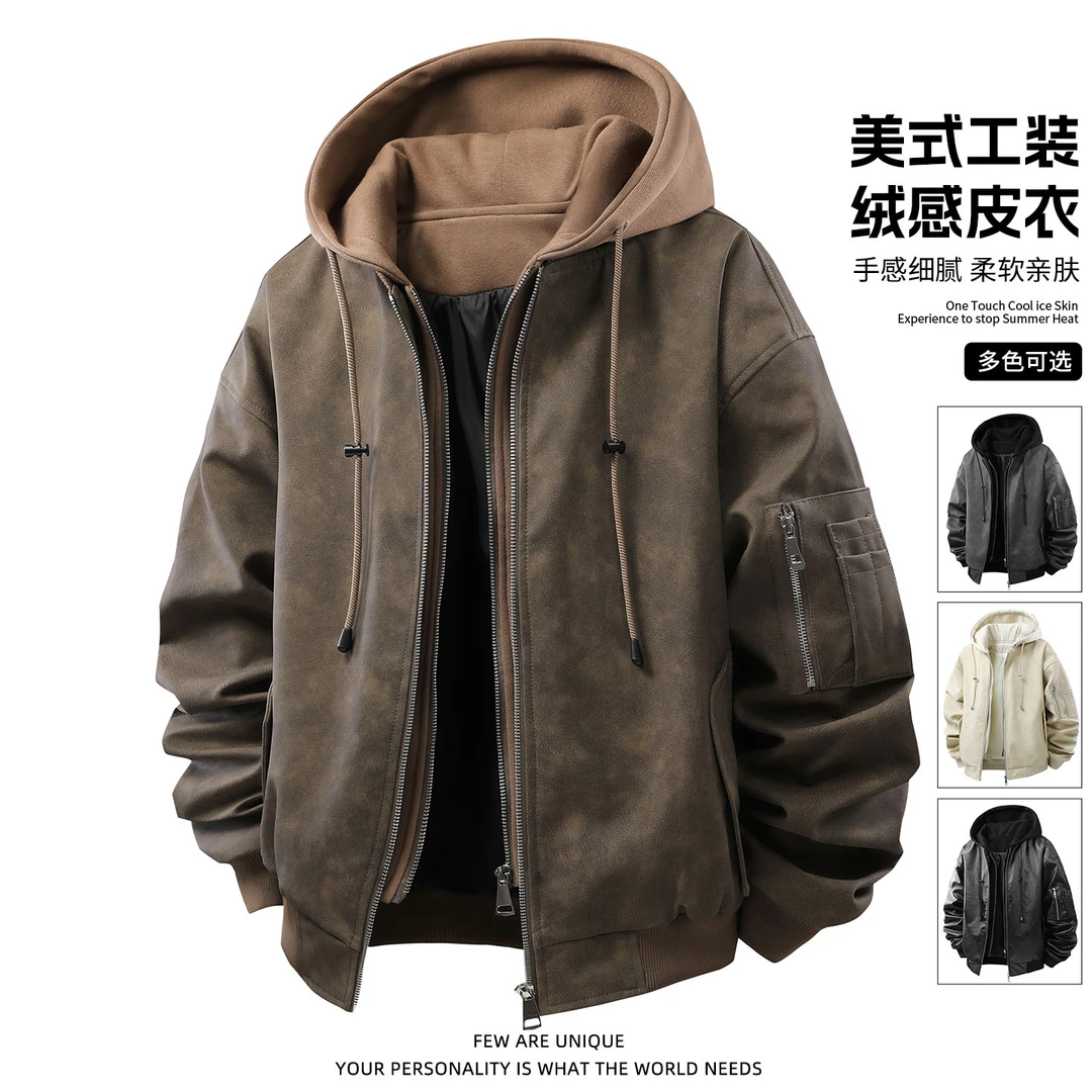 玛斯柏复古美式高街工装皮夹克男士秋冬季假两件加棉加厚皮衣外套