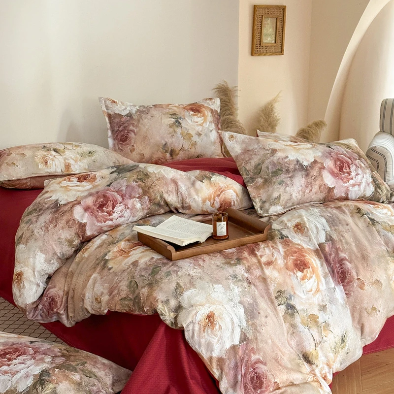 秋季新款床品套件花卉邂逅玫瑰加厚磨毛轻奢四件套机洗不易掉色