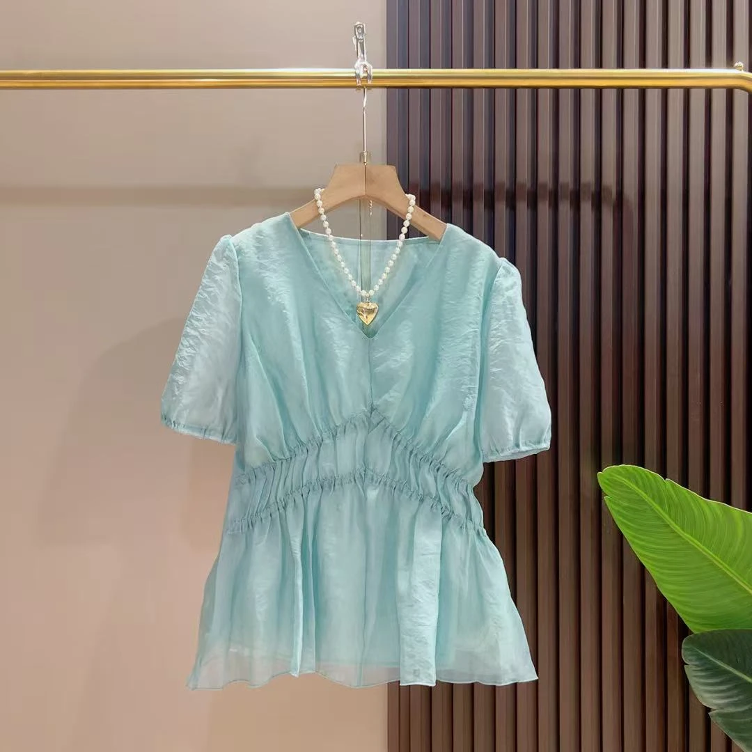 大码新款V领法式浪漫小衫半袖上衣