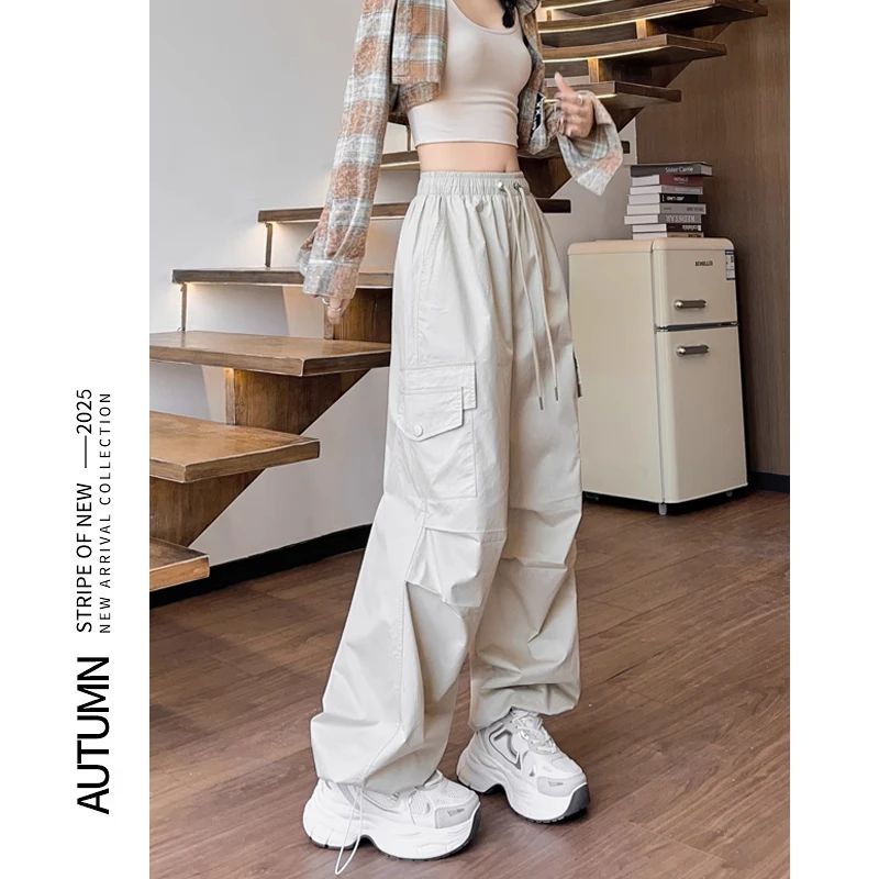 纯棉直筒工装裤女春秋新品潮流大口袋柔软显瘦气质运动休闲阔腿裤
