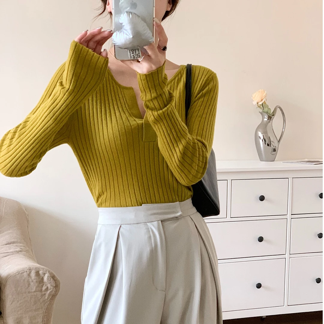 长袖修身纯色秋冬毛衫针织衫套头百搭显瘦WH-23566