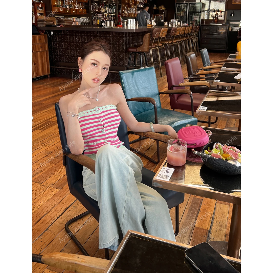 【Ayobe】夏岛记梦&韩系名媛风清新色彩条纹抹胸吊带夏显瘦出片上衣