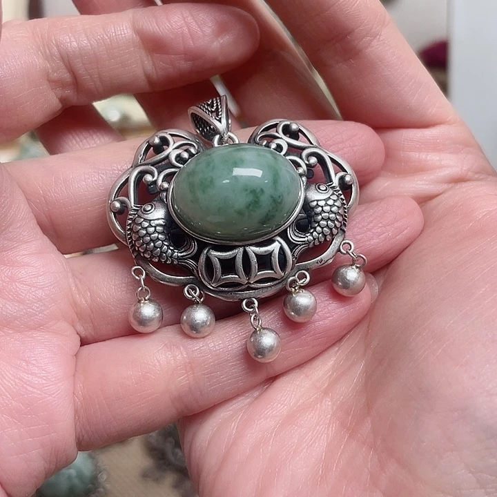 透闪石-蛇纹石玉颈饰银S925镶嵌?****?