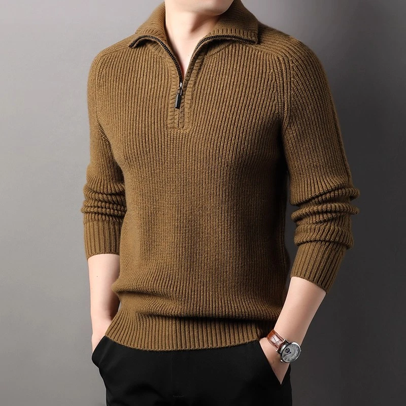 冬季加厚粗毛线毛衣男半拉链翻立领提花复古针织衫潮流男装打底衫