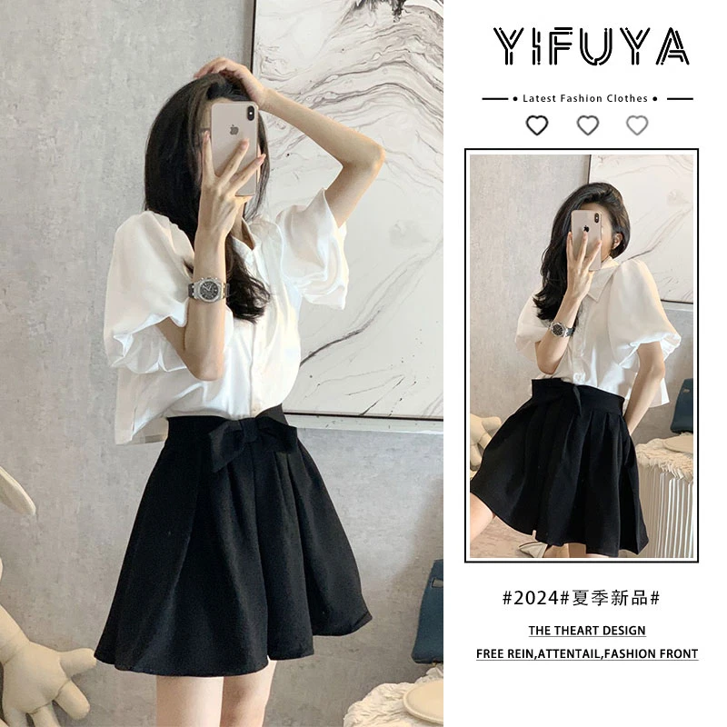 夏季新款炸街减龄设计感蝴蝶结短裙泡泡袖衬衫气质小香风时尚套装