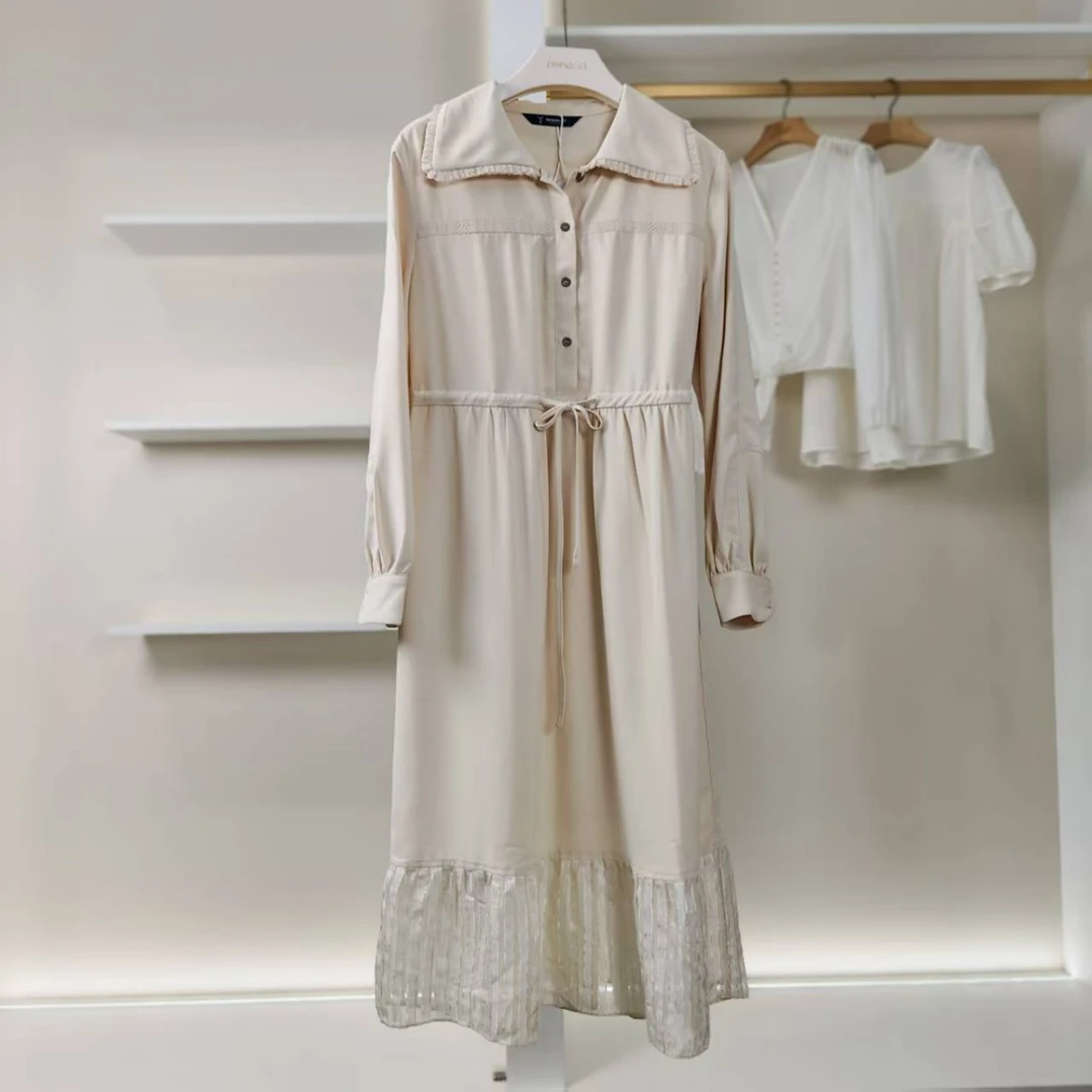 帕系列  Y496  女装时尚设计师拼接方领连衣裙杏色8F1382424