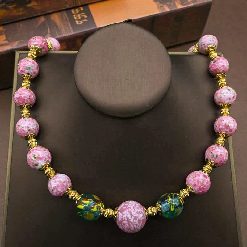 合金琉璃项链 粉花琉璃复古百搭手工编织新中式项链
